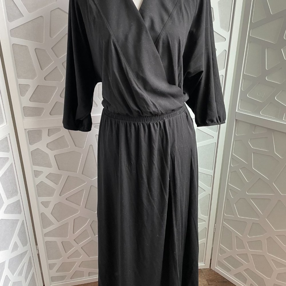 Garnet Hill Batwing Faux Wrap Knit Midi Dress Black Sz M Medium - Picture 3 of 12